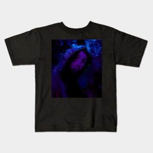 Beautiful girl, in dark place. Some blurred shapes. Blue and violet. Blue, so beautiful. Kids T-Shirt